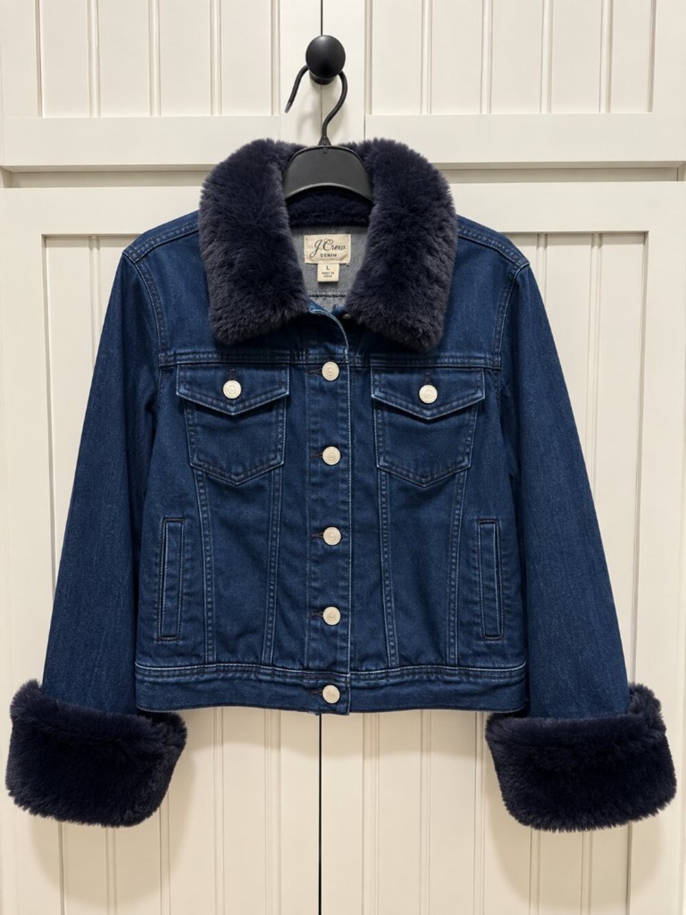 J.Crew Denim Jacket Faux Fur Collar & Cuffs NWOT Dark Wash Size Large